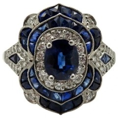 Vintage Art Deco Oval Sapphire & Lab-Created Diamond Engagement 925 Silver Ring