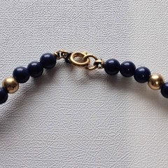 Navy Blue & Gold Beaded Bib Necklace Woven Statement Collar V-Shape Vintage
