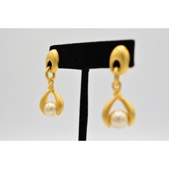 Vintage Dangle Pearl Drop Earrings Brushed Gold Matte Door Knockers 1980s BinAR