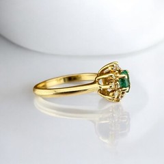 Petite Vintage 14 Karat Yellow Gold Emerald & Diamond Ballerina Halo Ring