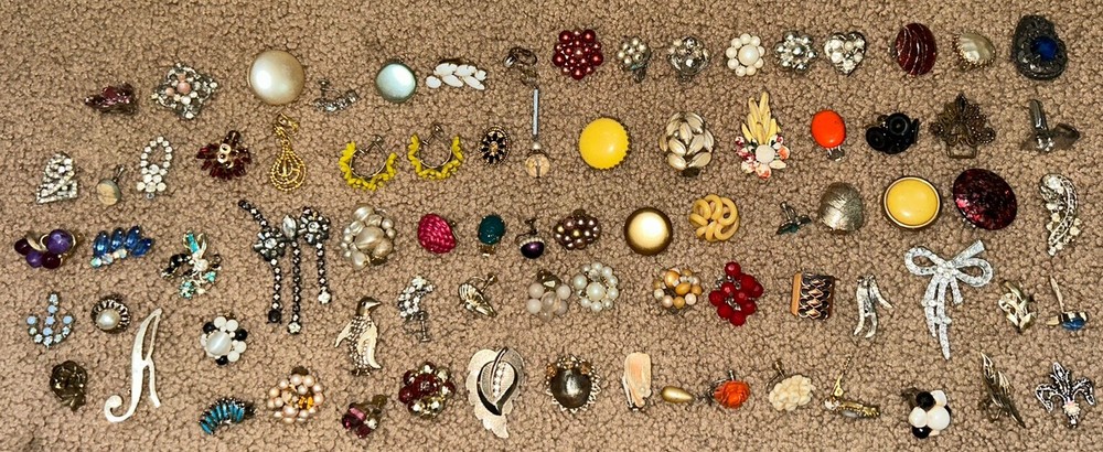 Vintage Costume Jewelry Flower Brooch Button & Earring Lot of 77 Pieces