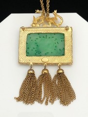 Vintage 1960s Signed HATTIE CARNEGIE Dragon & Faux Jade Tassel Necklace Brooch