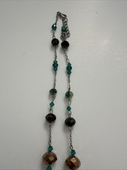 Vntg Long Green Faceted Crystal Bead Necklace Silver Tone Artisan Boho Layering