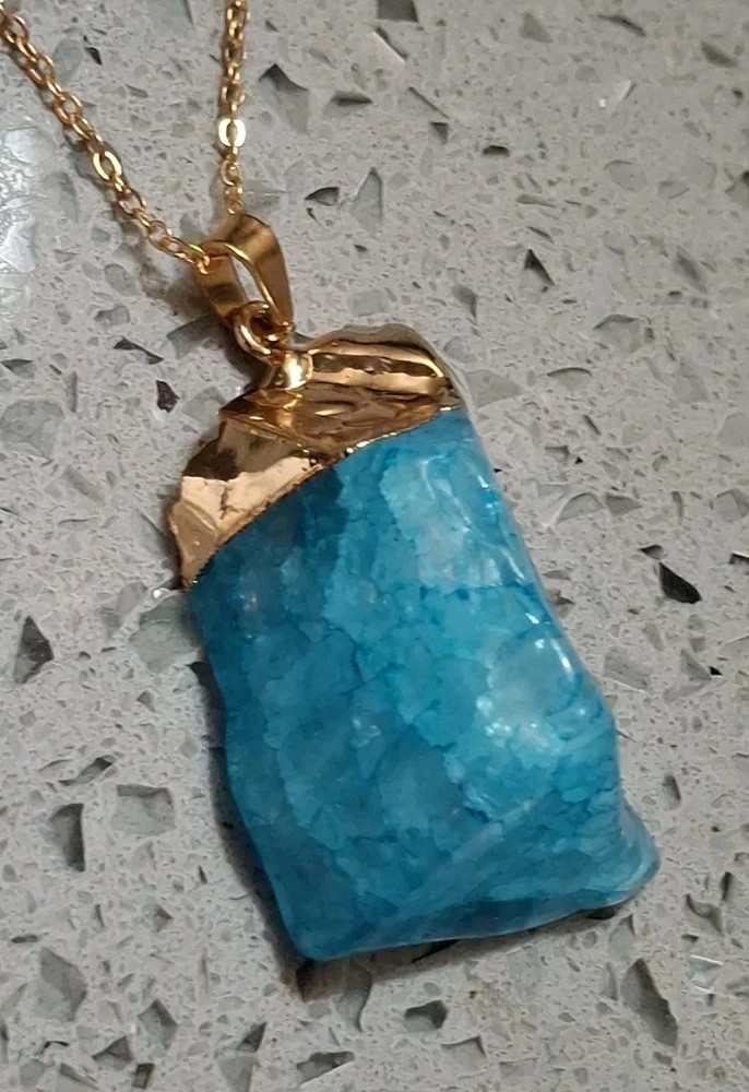 Vintage Pendant Huge Natural Chunky Quartz Dyed Aqua Blue Gold Tone Dipped 20″ L
