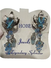 Rare Vtg 1960’s HOBE Clip On Earrings Glass AB Faux Turquoise Dangle Chandelier