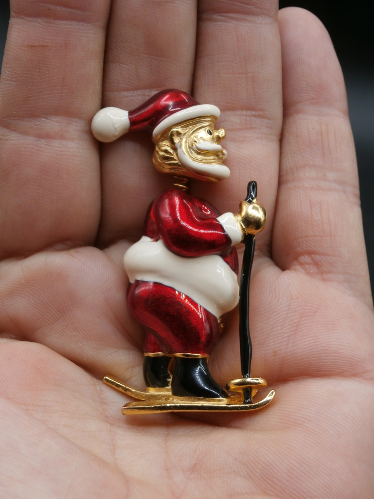 Vtg. VERO Xmas Santa Claus Skiing Pin Brooch Spring Bobblehead Trembler Enamel