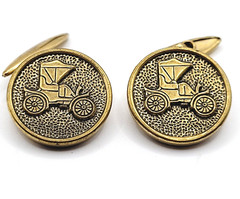 Brass Runabout Automobile Vintage Cufflinks or Vest Buttons Round Shape Detailed