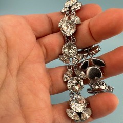 Vintage Austria Crystal Bracelet LG Dentelle Prong Set Silver Tone Safety Chain