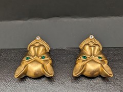 VTG Jackie Collins Panther Earrings Green Eyes Gold Tone Clip On Designs Signed