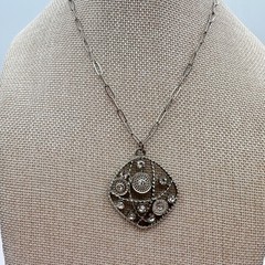Vintage 90s Silver Tone Openwork Square Shape Glass Pendant Necklace Jewelry 90s