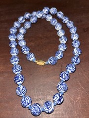 Vintage Chinese Blue & White Ceramic Beads Hand Knotted Longevity Necklace 26”