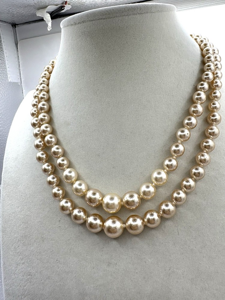 Champagne Colored Faux Glass Pearl Layered Beaded Necklace W/ Fancy Box Clasp