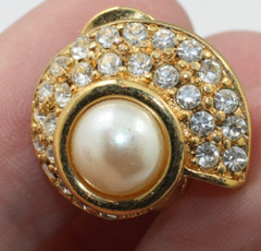 Vintage gold tone faux mabe pearl clear stones Monet push back clip on earrings