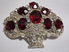1930s red & clear rhinestone brooch, basket, flower bouquet, statement piece