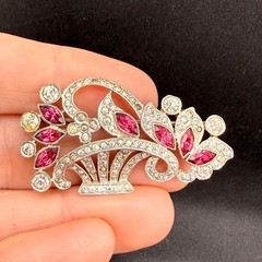 Vintage Pot Metal Flower Basket Rhinestone Brooch Silver Tone READ