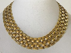 Vintage Gold Tone Egyptian Revival Bib Collar Necklace Wide Multi-Row Link 18″
