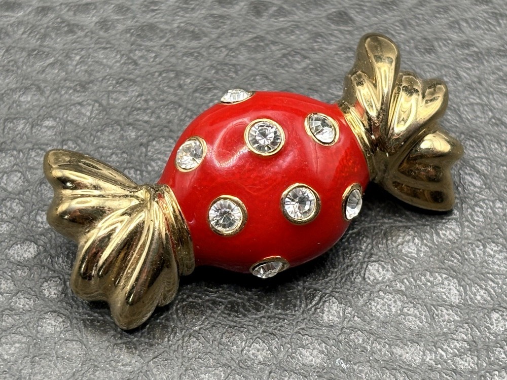Vintage St. John 80s Red Enamel Rhinestone Candy Brooch Gold Tone Couture