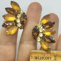 Vtg Art Deco Marquise Rhinestone Statement Orange Brown Climber Earrings Clip-on