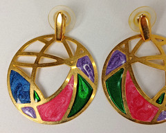 Vintage Gold Tone Abstract Enamel Dangle Stud Earrings Pink Green Blue 1.75″