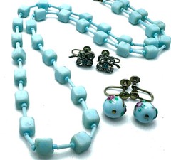 Lot Vtg Deco Czech Aqua Glass Cube Bead Necklace & Murano & JMS 1/20 GF Earrings