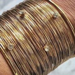 Wide Cuff Multi Strand Wire Bracelet With Rhinestone Gold Tone Embellished