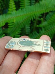 Vintage Studio Ceramic Art Brooch Pin Blue White Bird In Flower Garden Denmark