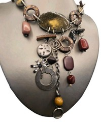 Silver Dragonfly Necklace Runway Boho Chunky Wood Metal Bib Beaded Stone Vintage