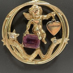 Vintage Coro February Pendant Necklace Gold Tone Cherub Glass Garnet Rhinestone