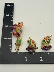 Vintage Austria Crystal Brooch and Earring Set 1950s Gold Tone Enamel Floral
