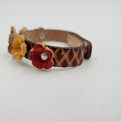 Peasant Leather Flower Cuff Bracelet Adjustable Handmade Boho Country Cottage