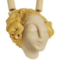 June Metaxides Art Nouveau Resin Figural Beauty Pendant Bead Necklace GF Chain
