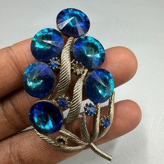 Vintage Watermelon Peacock Rivoli Rhinestone Brooch Silver Tone Blue Statement