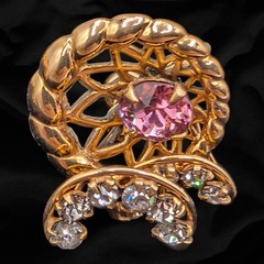 Vtg M&S Pink Gold Filled 1/20 12k Pink Rhinestone Brooch Earrings Pin Set
