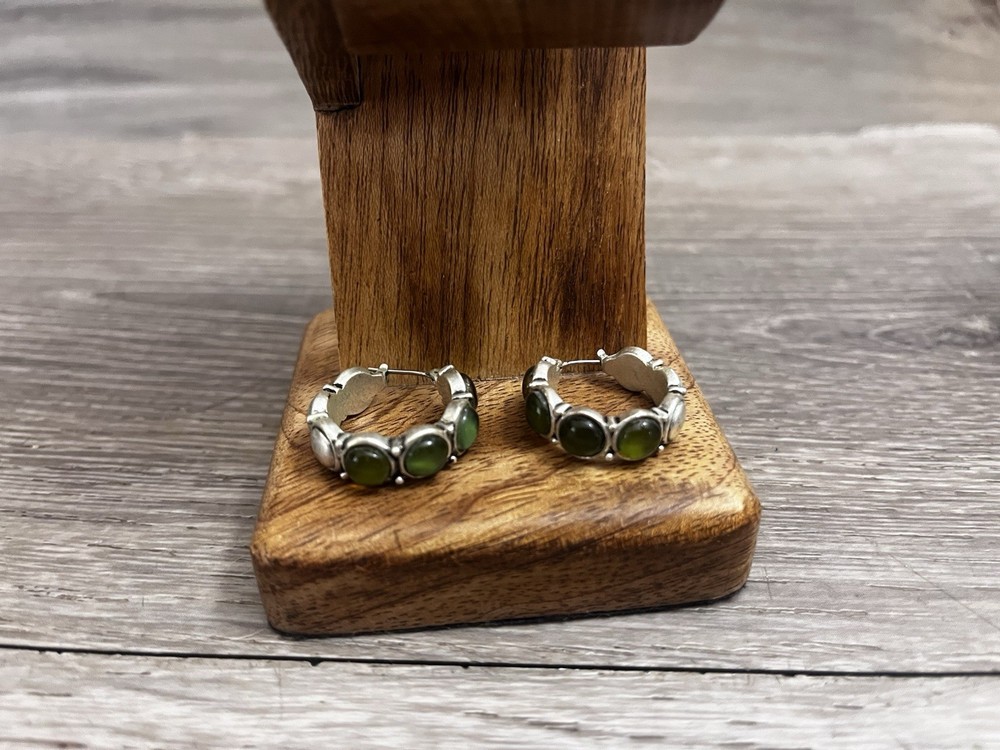 Lever Back Hoop Earrings Silver Tone Green Stones Vintage