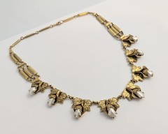 Vtg Estate Brass Genuine Pearl Flower Leaf Link Necklace 15.5″ 3D