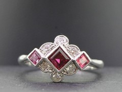 PRETTY ART DECO INSPIRED RUBY AND LAB CREATED DIAMOND 14K WHITE GOLD FINISH RING