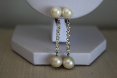 Vintage Marvella Faux Pearl Dangle Drop Clip On Earrings Silver Toned 1.75″