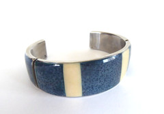 Vtg Estate Jewelry Artisan Metal Cuff Bracelet Coral Denim Blue & White Inlay