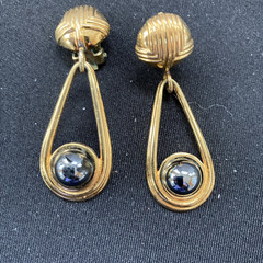 Vintage MCM Lanvin Gold Tone and hematite Dangle Clip On Earrings 1 3/4″