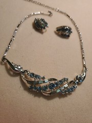 Coro Vintage Necklace Earrings Set, Blue Rhinestones Silvertone Setting, Fresh