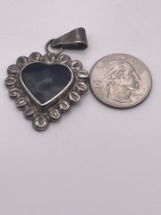 Vintage Sterling Silver Black Onyx Heart Pendant Southwestern Style Signed