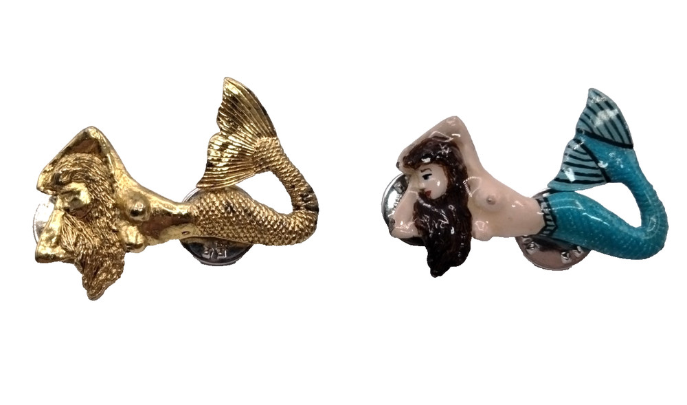 Vintage GG Harris Fine Pewter Mermaid Pins Lot of 2 Gold Plated Hand Painted