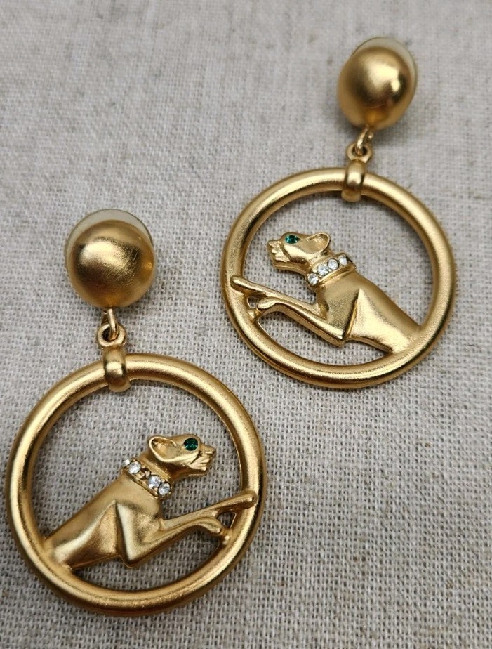 Rare Jackie Collins Brushed Goldtone Panther Earrings