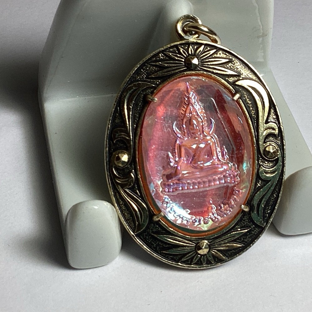 VINTAGE OVAL BUDDHA NECKLACE PENDANT TWO-SIDED FACETED GOLDTONE RED PINK
