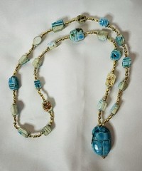 Vintage Egyptian Revival Cared Soap Stone Scarab Turquoise Necklace