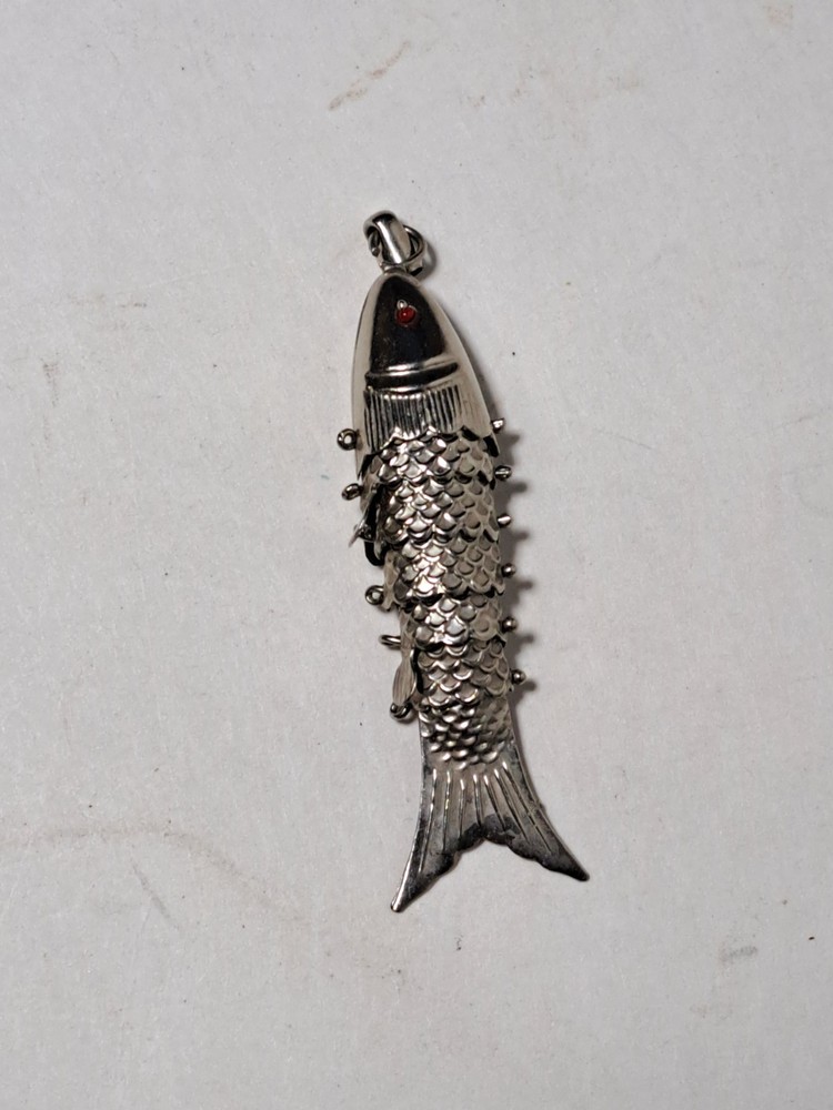 Vintage Silver Tone Articulated Fish Pendant 2.25″