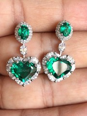Heart Oval Simulated Emerald Simulated Diamond Halo Dangle Earrings 925 Silver