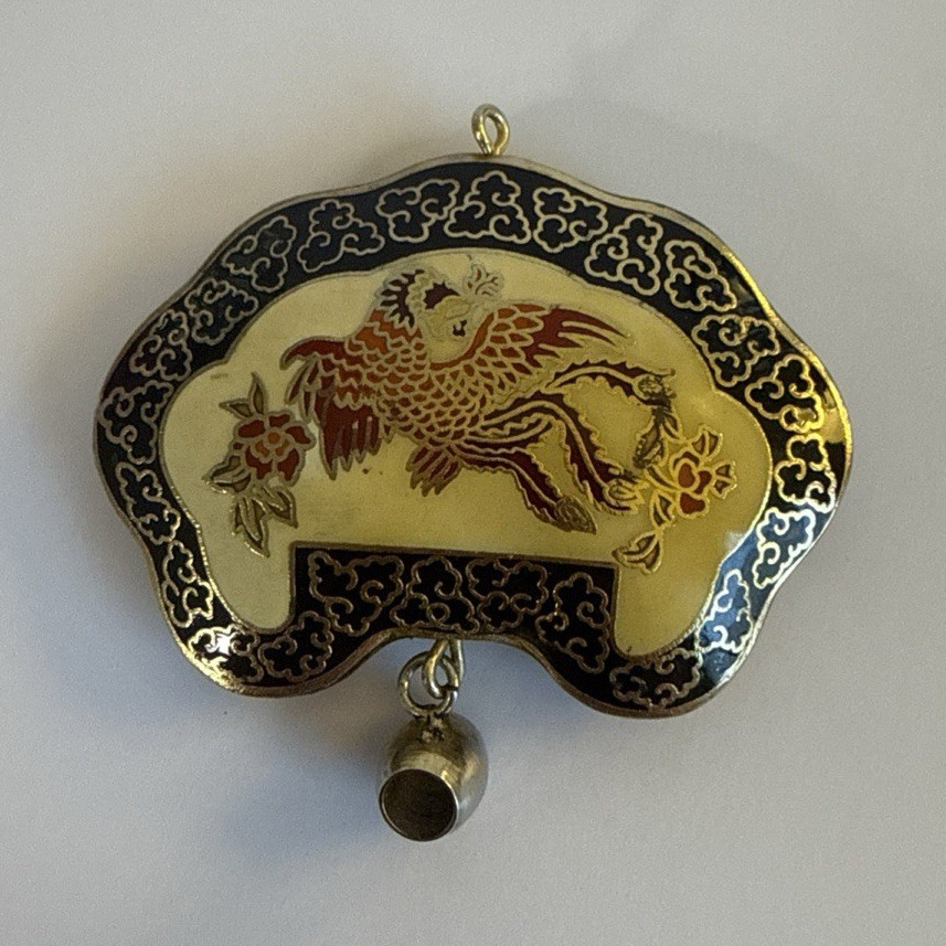 Vintage Chinese Cloisonné Phoenix Pendant Ornament Enamel Bell Gold Tone Asian D