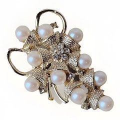 Vintage Gold Tone Rhinestone & Faux Pearl Grape Vine Brooch Pin