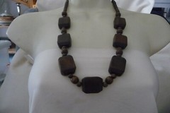 LARGE DARK BROWN SQUARE WOOD BEADS STRUNG ON CORD BOHO NECKLACE #195B